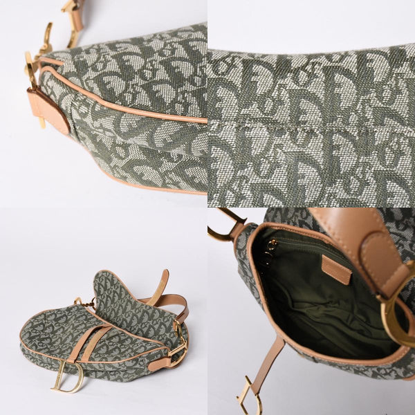 Very Good Condition Christian Dior Galliano Period Trotter Saddle Bag Khaki Gold Hardware Logo Used 4a001242