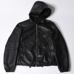 極美品 PRADA プラダ レザージャケット コートリバーシブル APE1 2024 555 ラム革 ナイロン ブラック シルバー金具 サイズ48 中古 4a001046