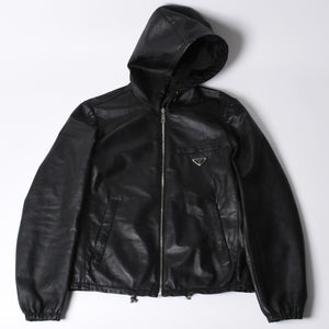 極美品 PRADA プラダ レザージャケット コートリバーシブル APE1 2024 555 ラム革 ナイロン ブラック シルバー金具 サイズ48 中古 4a001046