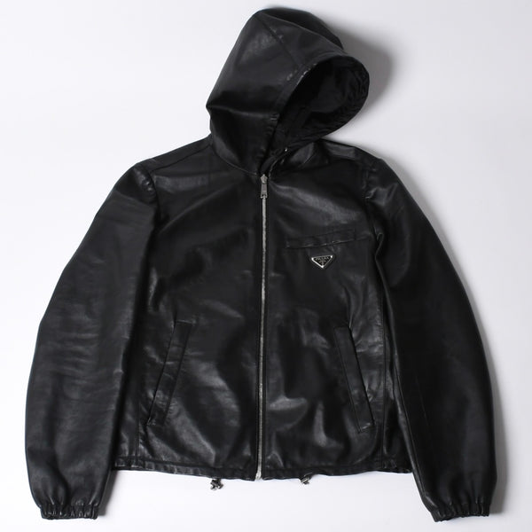 極美品 PRADA プラダ レザージャケット コートリバーシブル APE1 2024 555 ラム革 ナイロン ブラック シルバー金具 サイズ48 中古 4a001046