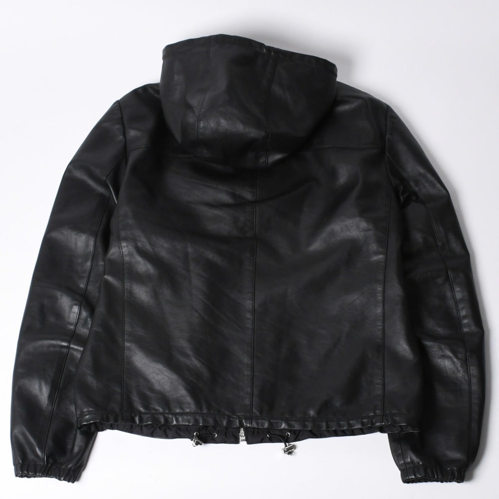 極美品 PRADA プラダ レザージャケット コートリバーシブル APE1 2024 555 ラム革 ナイロン ブラック シルバー金具 サイズ48 中古 4a001046