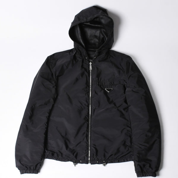 極美品 PRADA プラダ レザージャケット コートリバーシブル APE1 2024 555 ラム革 ナイロン ブラック シルバー金具 サイズ48 中古 4a001046