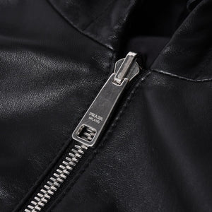 極美品 PRADA プラダ レザージャケット コートリバーシブル APE1 2024 555 ラム革 ナイロン ブラック シルバー金具 サイズ48 中古 4a001046