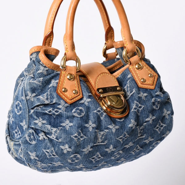 Very Good Condition LOUIS VUITTON Pretty Handbag M95020 Monogram Denim Leather Blue Gold Hardware Good Condition Used 4b001444