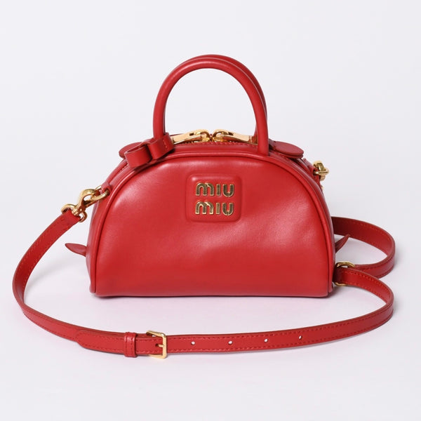 新品同様 MIUMIU ミュウミュウ トップ ハンドル 2WAYバッグ ハンドバッグ レザー レッド ゴールド金具 中古 4a001464