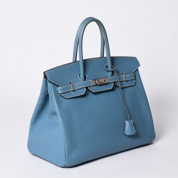 Very good condition HERMES BIRKIN Birkin 35 Blue Jean Silver hardware Vaux Epson handbag □J stamp Used 4a001545