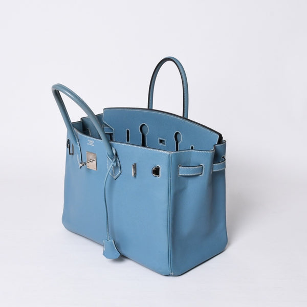 Very good condition HERMES BIRKIN Birkin 35 Blue Jean Silver hardware Vaux Epson handbag □J stamp Used 4a001545