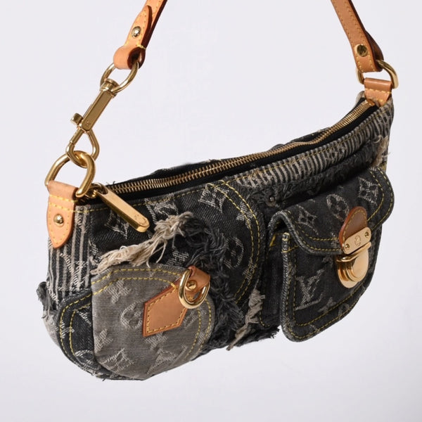 Very Good Condition LOUIS VUITTON Monogram Denim Pouchy One Shoulder Bag Black M95383 Used 4a001450