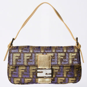 FENDI フェンディ マンマバゲット ワンショルダーバッグ ズッカ ジャガード 8BR000 ゴールド パープル ブラウン 美品 中古 4a001178