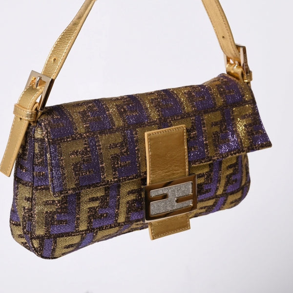 FENDI フェンディ マンマバゲット ワンショルダーバッグ ズッカ ジャガード 8BR000 ゴールド パープル ブラウン 美品 中古 4a001178
