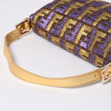画像をギャラリービューアに読み込む, FENDI フェンディ マンマバゲット ワンショルダーバッグ ズッカ ジャガード 8BR000 ゴールド パープル ブラウン 美品 中古 4a001178