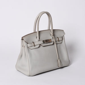 HERMES Birkin 30 Handbag Taurillon Clemence Pearl Gray Silver Hardware □Q Stamp Used 4a001472