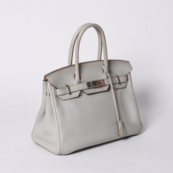 HERMES Birkin 30 Handbag Taurillon Clemence Pearl Gray Silver Hardware □Q Stamp Used 4a001472