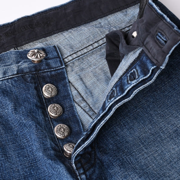 極美品 CHROME HEARTS クロムハーツ デニムパンツ ジーンズ サイズ31 クロスボール ホースシュー インディゴブルー シルバー925 中古 4a001695