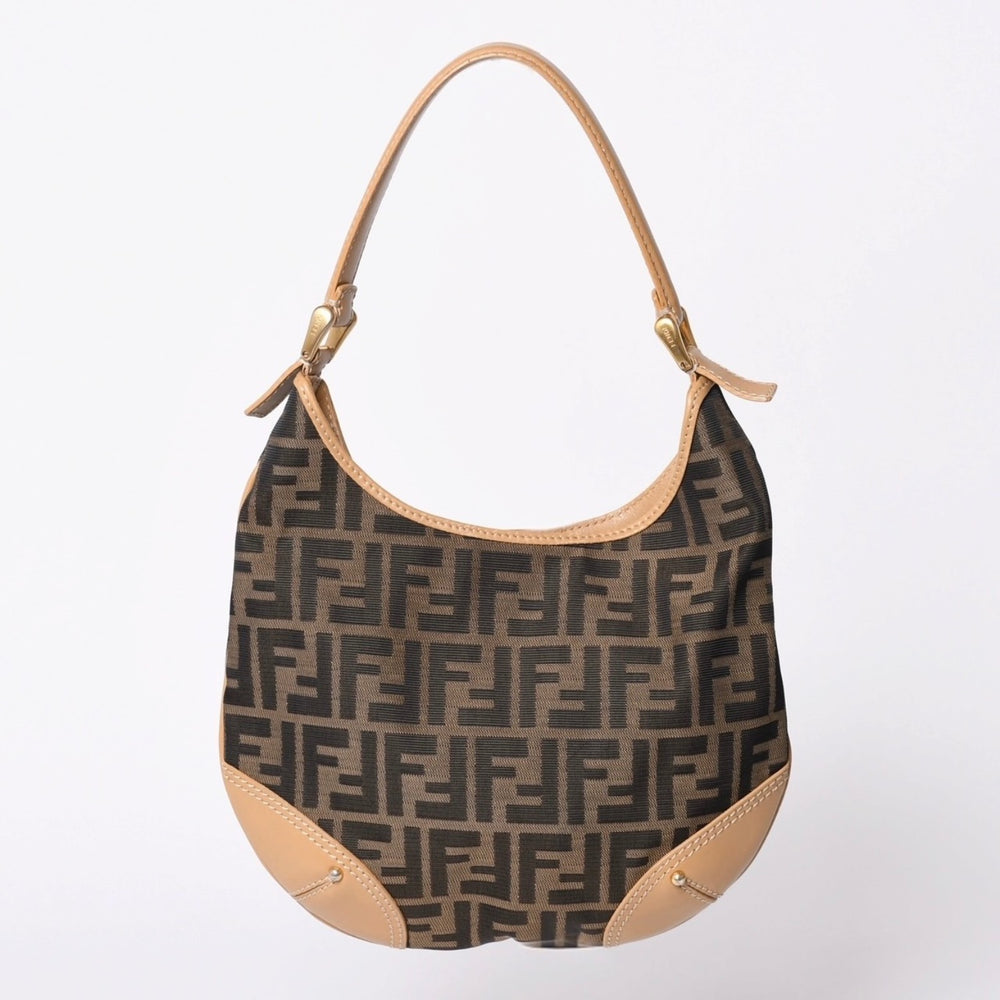 FENDI フェンディ Shoulder Bag ショルダーバッグ ズッカ キャンバス レザー ブラウン ベージュ ゴールド 24088BR234038 美品 中古 4a001143