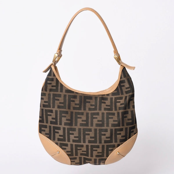 FENDI フェンディ Shoulder Bag ショルダーバッグ ズッカ キャンバス レザー ブラウン ベージュ ゴールド 24088BR234038 美品 中古 4a001143