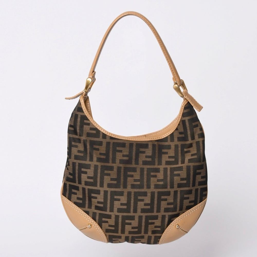 FENDI フェンディ Shoulder Bag ショルダーバッグ ズッカ キャンバス レザー ブラウン ベージュ ゴールド 24088BR234038 美品 中古 4a001143
