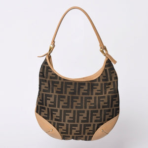 FENDI フェンディ Shoulder Bag ショルダーバッグ ズッカ キャンバス レザー ブラウン ベージュ ゴールド 24088BR234038 美品 中古 4a001143