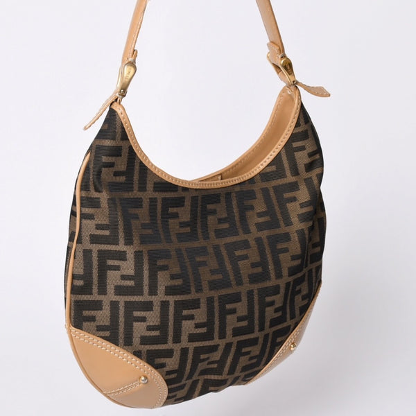 FENDI フェンディ Shoulder Bag ショルダーバッグ ズッカ キャンバス レザー ブラウン ベージュ ゴールド 24088BR234038 美品 中古 4a001143