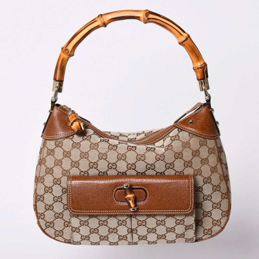 Very Good Condition GUCCI Bamboo Shoulder Bag GG Canvas 137383 Beige Brown Used 4a001161