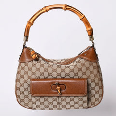 Very Good Condition GUCCI Bamboo Shoulder Bag GG Canvas 137383 Beige Brown Used 4a001161