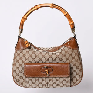 Very Good Condition GUCCI Bamboo Shoulder Bag GG Canvas 137383 Beige Brown Used 4a001161