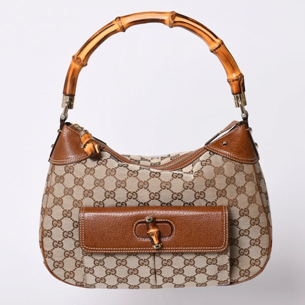 Very Good Condition GUCCI Bamboo Shoulder Bag GG Canvas 137383 Beige Brown Used 4a001161