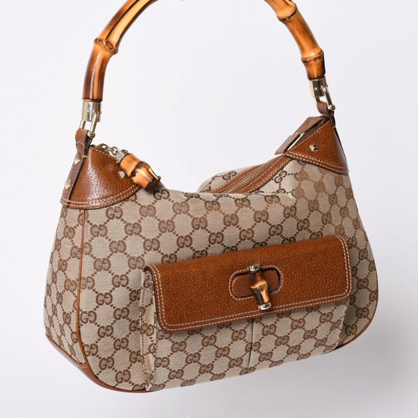 Very Good Condition GUCCI Bamboo Shoulder Bag GG Canvas 137383 Beige Brown Used 4a001161