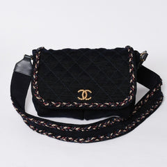 Very Good Condition CHANEL Shoulder Bag No. 24 Coco Mark Quilted Wool Velvet Navy Matte Gold Hardware Used 4a001497