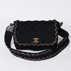 Very Good Condition CHANEL Shoulder Bag No. 24 Coco Mark Quilted Wool Velvet Navy Matte Gold Hardware Used 4a001497