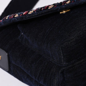 Very Good Condition CHANEL Shoulder Bag No. 24 Coco Mark Quilted Wool Velvet Navy Matte Gold Hardware Used 4a001497