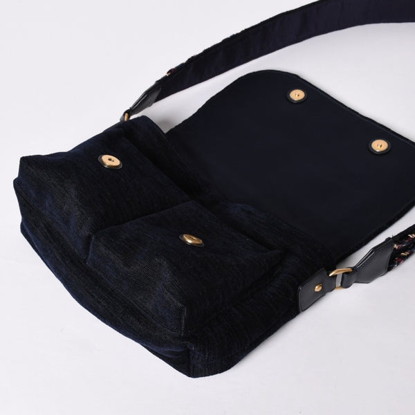Very Good Condition CHANEL Shoulder Bag No. 24 Coco Mark Quilted Wool Velvet Navy Matte Gold Hardware Used 4a001497