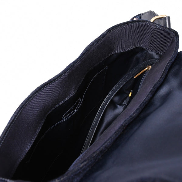 Very Good Condition CHANEL Shoulder Bag No. 24 Coco Mark Quilted Wool Velvet Navy Matte Gold Hardware Used 4a001497