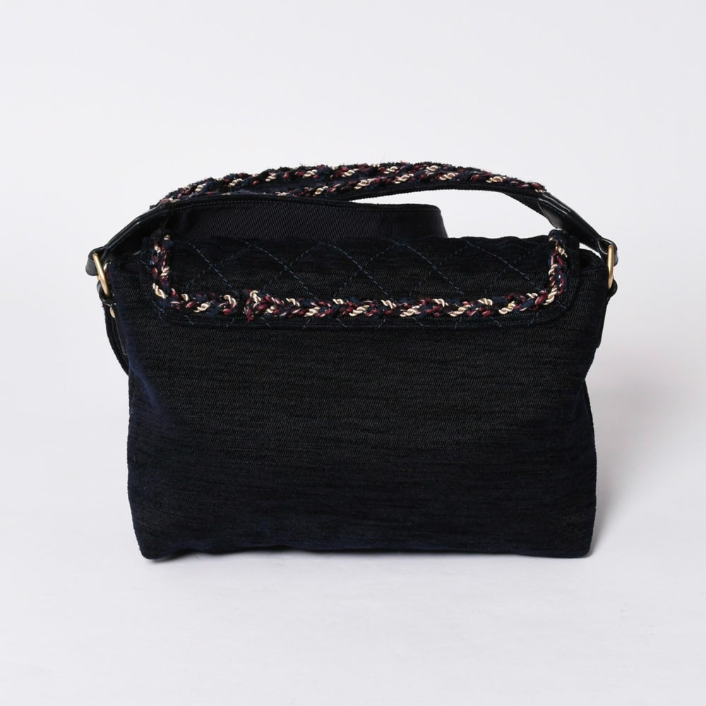 極美品 CHANEL シャネル ショルダーバッグ 24番台 ココマーク キルティング ウールベルベット ネイビー マットゴールド金具 中古 4a001497