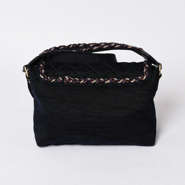 Very Good Condition CHANEL Shoulder Bag No. 24 Coco Mark Quilted Wool Velvet Navy Matte Gold Hardware Used 4a001497