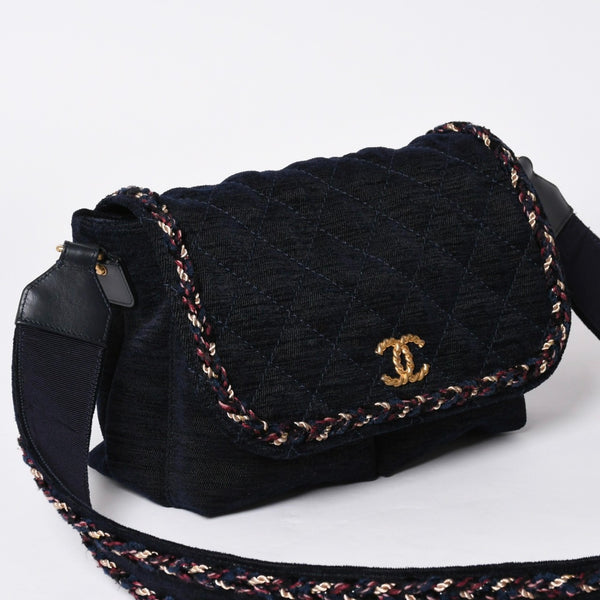 Very Good Condition CHANEL Shoulder Bag No. 24 Coco Mark Quilted Wool Velvet Navy Matte Gold Hardware Used 4a001497