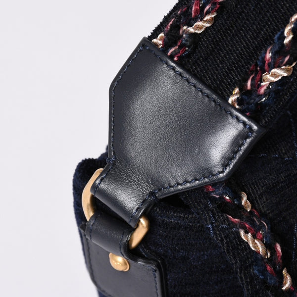 Very Good Condition CHANEL Shoulder Bag No. 24 Coco Mark Quilted Wool Velvet Navy Matte Gold Hardware Used 4a001497