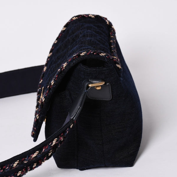 Very Good Condition CHANEL Shoulder Bag No. 24 Coco Mark Quilted Wool Velvet Navy Matte Gold Hardware Used 4a001497