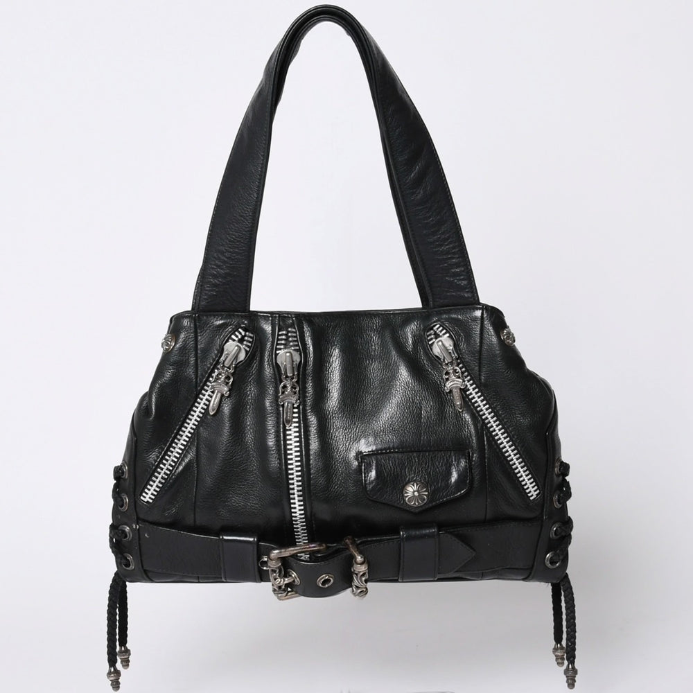極美品 CHROME HEARTS クロムハーツ JJ DEAN スモール JJディーン ハンドバッグ レザーライダース シルバ−925 ブラック 中古 4a001516