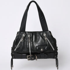 Very Good Condition CHROME HEARTS JJ DEAN Small JJ Dean Handbag Leather Riders Silver 925 Black Used 4a001516