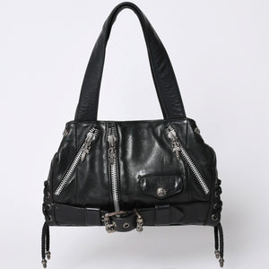 Very Good Condition CHROME HEARTS JJ DEAN Small JJ Dean Handbag Leather Riders Silver 925 Black Used 4a001516