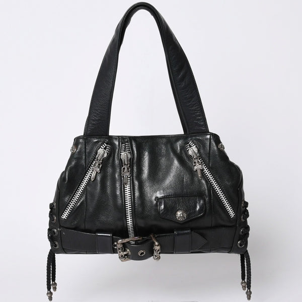 Very Good Condition CHROME HEARTS JJ DEAN Small JJ Dean Handbag Leather Riders Silver 925 Black Used 4a001516