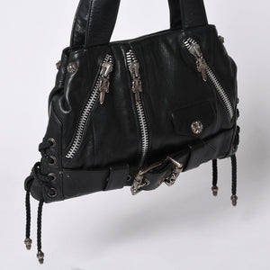Very Good Condition CHROME HEARTS JJ DEAN Small JJ Dean Handbag Leather Riders Silver 925 Black Used 4a001516