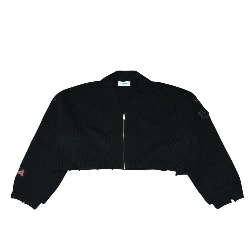 極美品 AMBUSH アンブッシュ KNIT ZIP CARDIGAN ニット カーディガン 12115083 ブラック ワッペン ショート丈 Vネック ダメージ加工 23AW 中古 4a001738