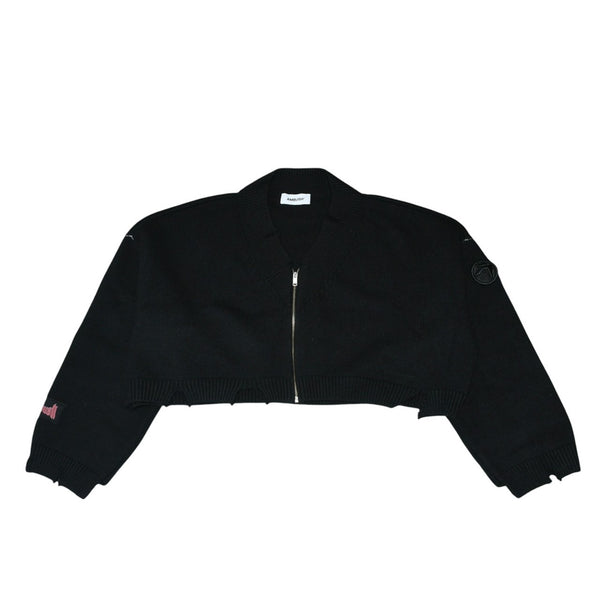 Very good condition AMBUSH KNIT ZIP CARDIGAN Knit Cardigan 12115083 Black Patch Short Length V Neck Distressed 23AW Used 4a001738