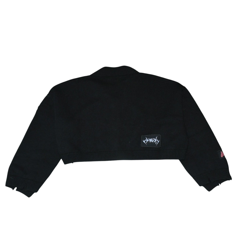 極美品 AMBUSH アンブッシュ KNIT ZIP CARDIGAN ニット カーディガン 12115083 ブラック ワッペン ショート丈 Vネック ダメージ加工 23AW 中古 4a001738
