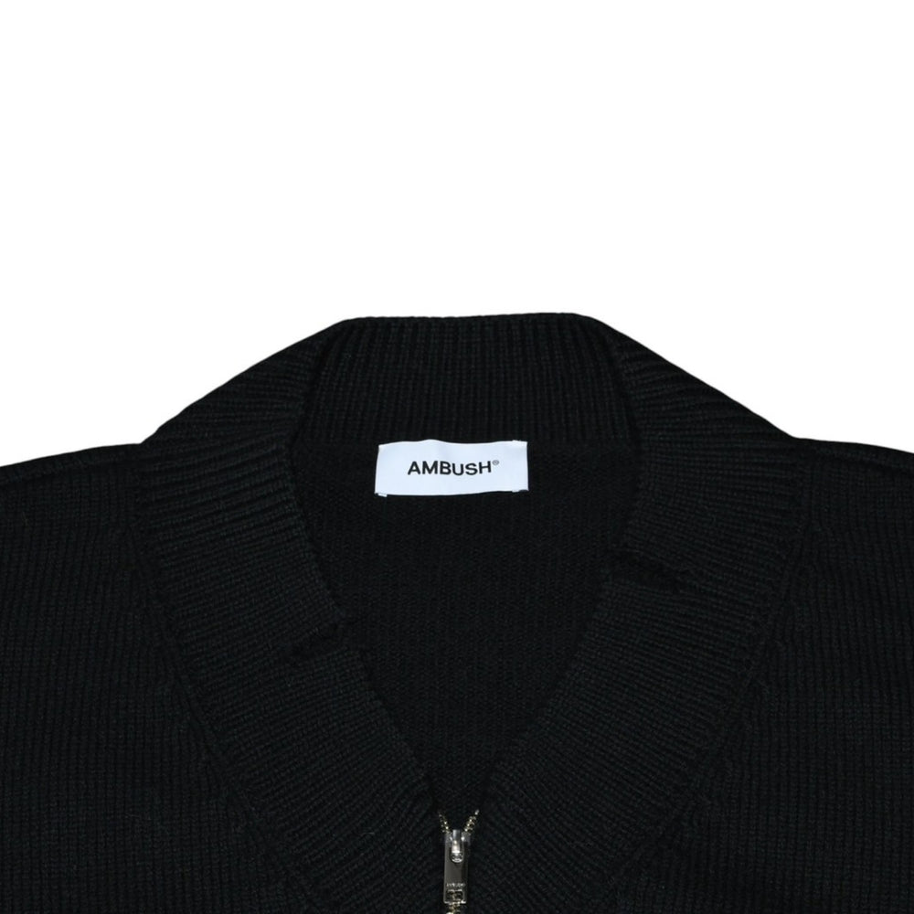 極美品 AMBUSH アンブッシュ KNIT ZIP CARDIGAN ニット カーディガン 12115083 ブラック ワッペン ショート丈 Vネック ダメージ加工 23AW 中古 4a001738
