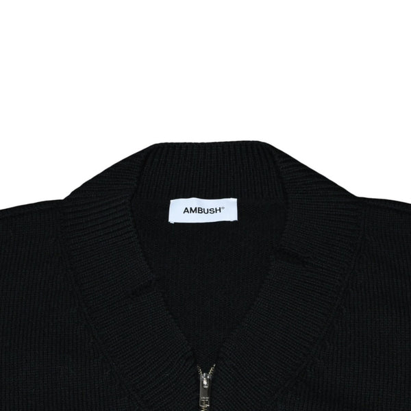 Very good condition AMBUSH KNIT ZIP CARDIGAN Knit Cardigan 12115083 Black Patch Short Length V Neck Distressed 23AW Used 4a001738
