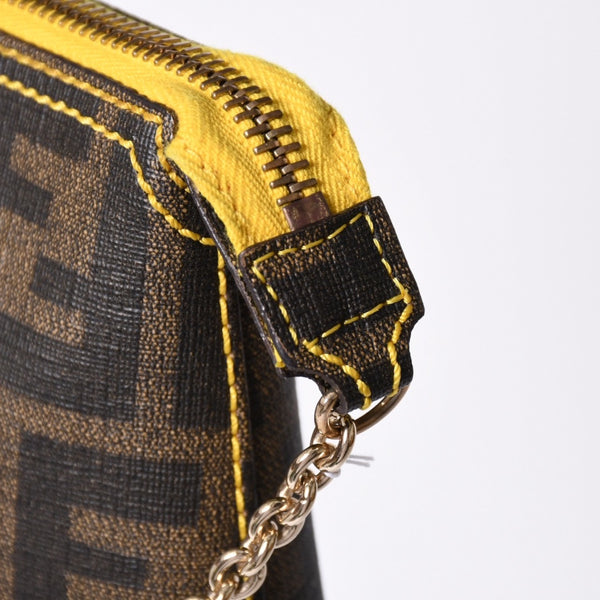 FENDI フェンディ アクセサリーポーチ チェーンポーチ 8BR592 PVC ブラウン イエロー ゴールド金具 美品 中古 4a001153