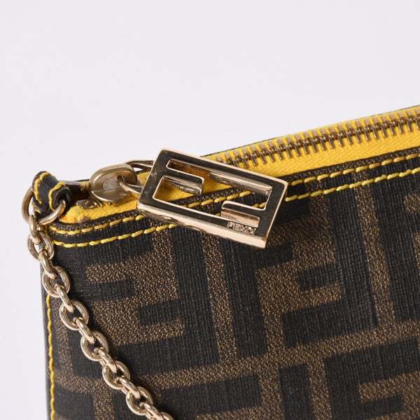 FENDI フェンディ アクセサリーポーチ チェーンポーチ 8BR592 PVC ブラウン イエロー ゴールド金具 美品 中古 4a001153